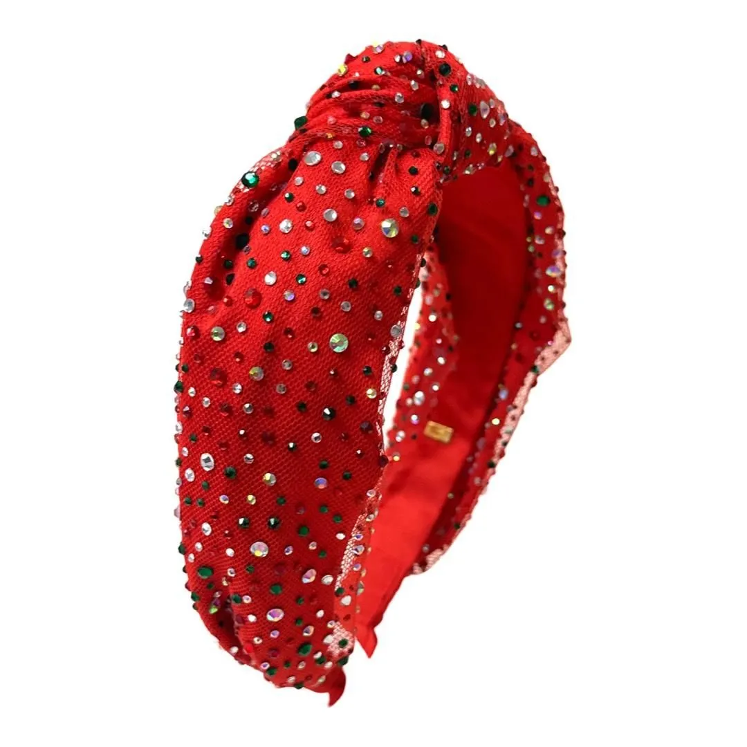 Bari Lynn Tulle Jeweled Knot Headband - Red Christmas