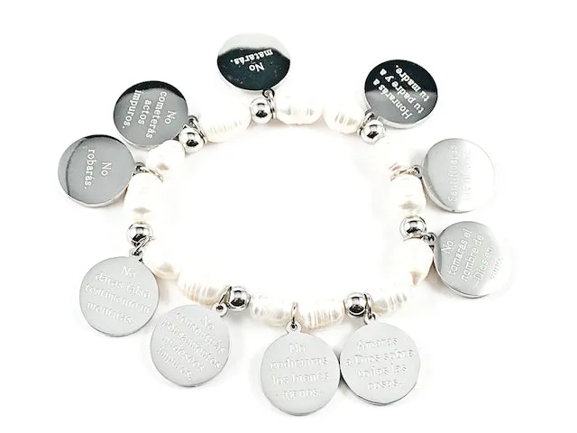 Beautiful Religious 10 Commandments Disc Charm Pearl Stretch Steel Bracelet