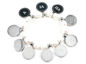 Beautiful Religious 10 Commandments Disc Charm Pearl Stretch Steel Bracelet