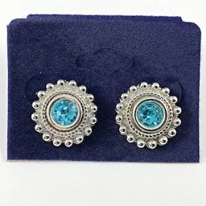 Beautiful round textured aquamarine color brass earrings