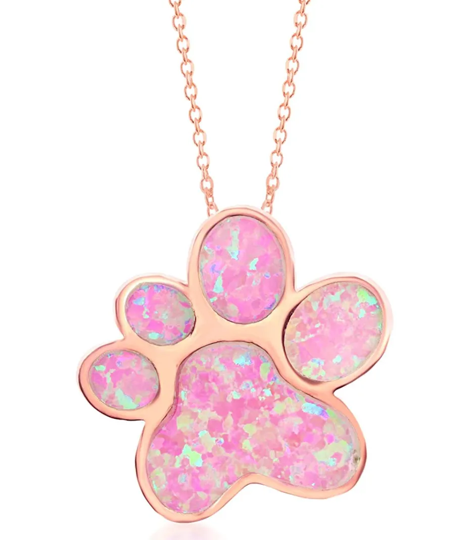 Blue & Pink Dog Paw Necklace Pendant Paw Print Jewelry Dog Chain Dog Puppy Birthday Gift 925 Sterling Silver 18in.