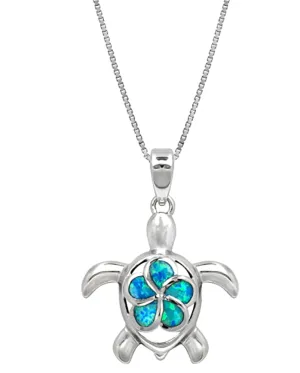 Blue Opal Flower Turtle Necklace Honu Pendant Beach Ocean Tropical Sea Turtle Jewelry Hawaiian Chain Gift 925 Sterling Silver 20in.