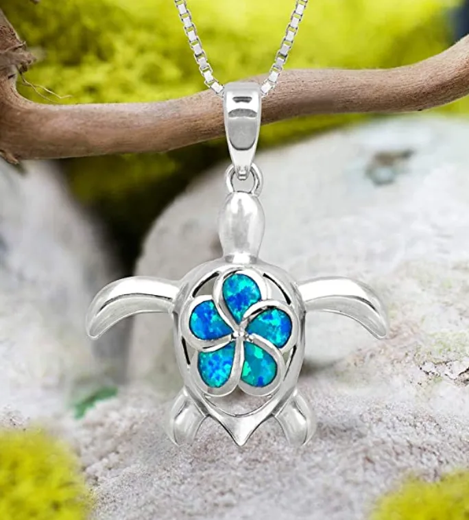 Blue Opal Flower Turtle Necklace Honu Pendant Beach Ocean Tropical Sea Turtle Jewelry Hawaiian Chain Gift 925 Sterling Silver 20in.