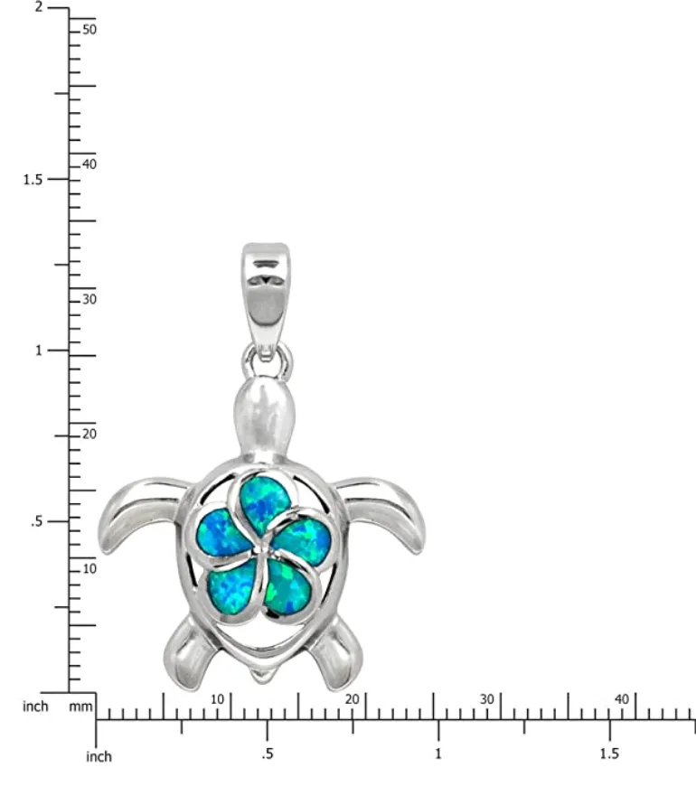 Blue Opal Flower Turtle Necklace Honu Pendant Beach Ocean Tropical Sea Turtle Jewelry Hawaiian Chain Gift 925 Sterling Silver 20in.