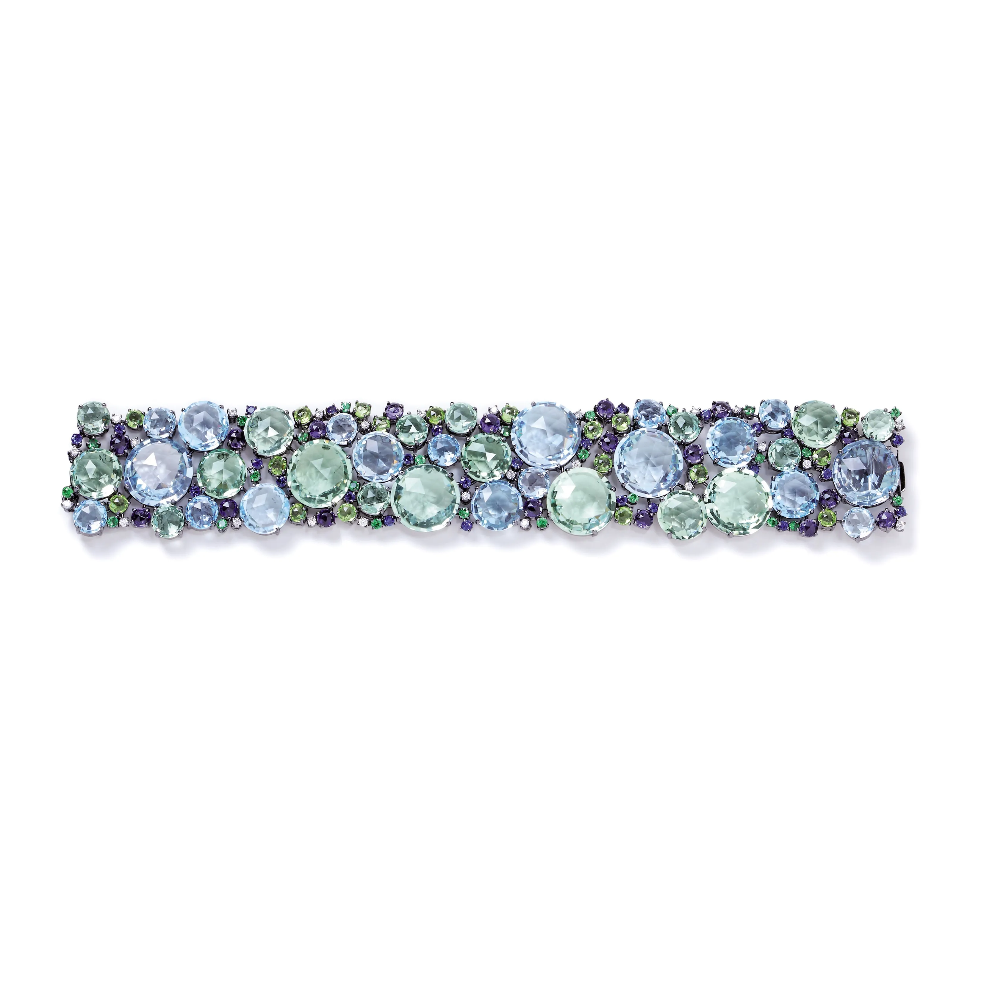 Bouquet - Bracelet with Blue Topaz, Prasiolite, Iolite, Peridot, Blue Sapphires, Tsavorite and Diamonds, 18k Blackened  Gold