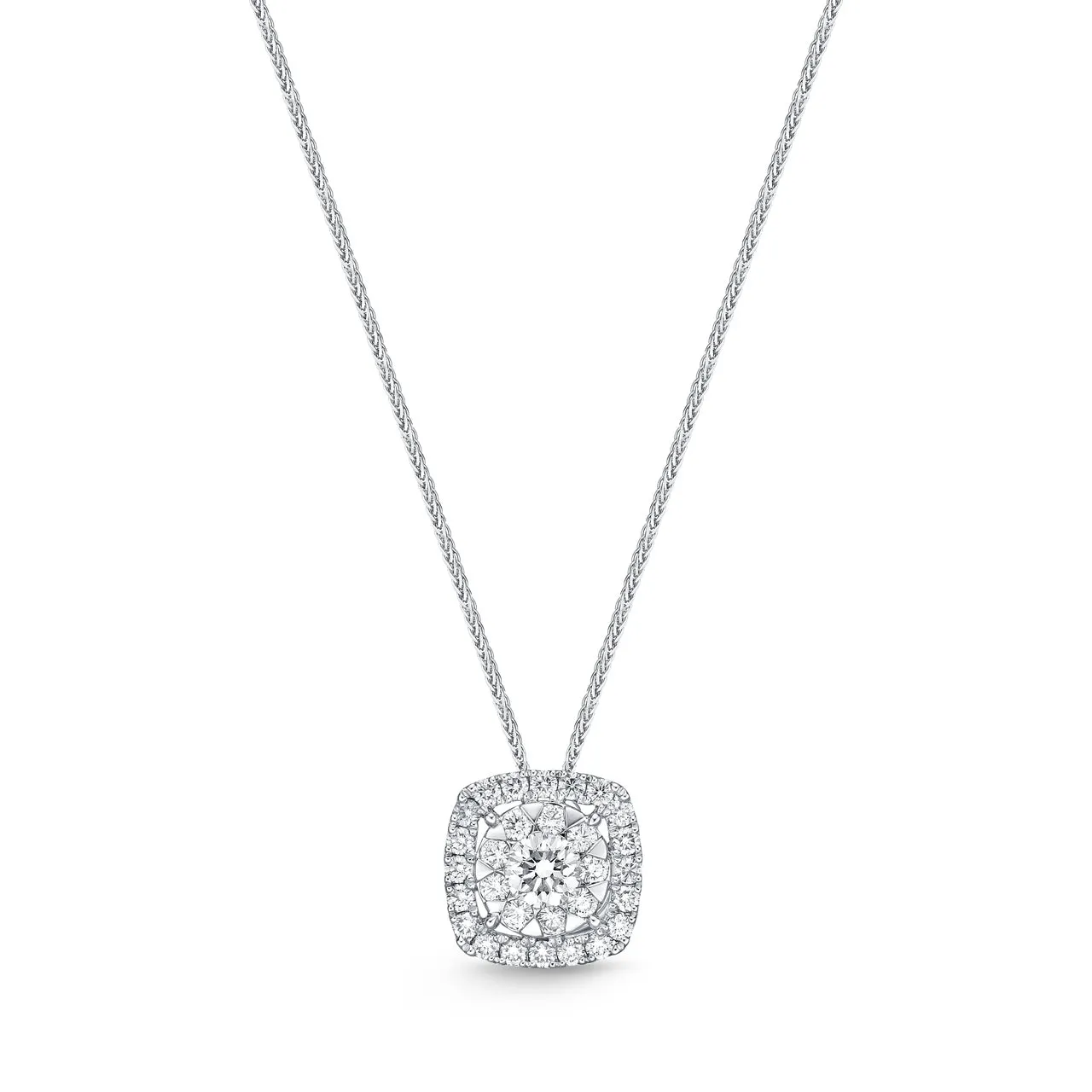 Bouquet Cushion Halo Pendant White Gold and Diamond Necklace .75 ct.