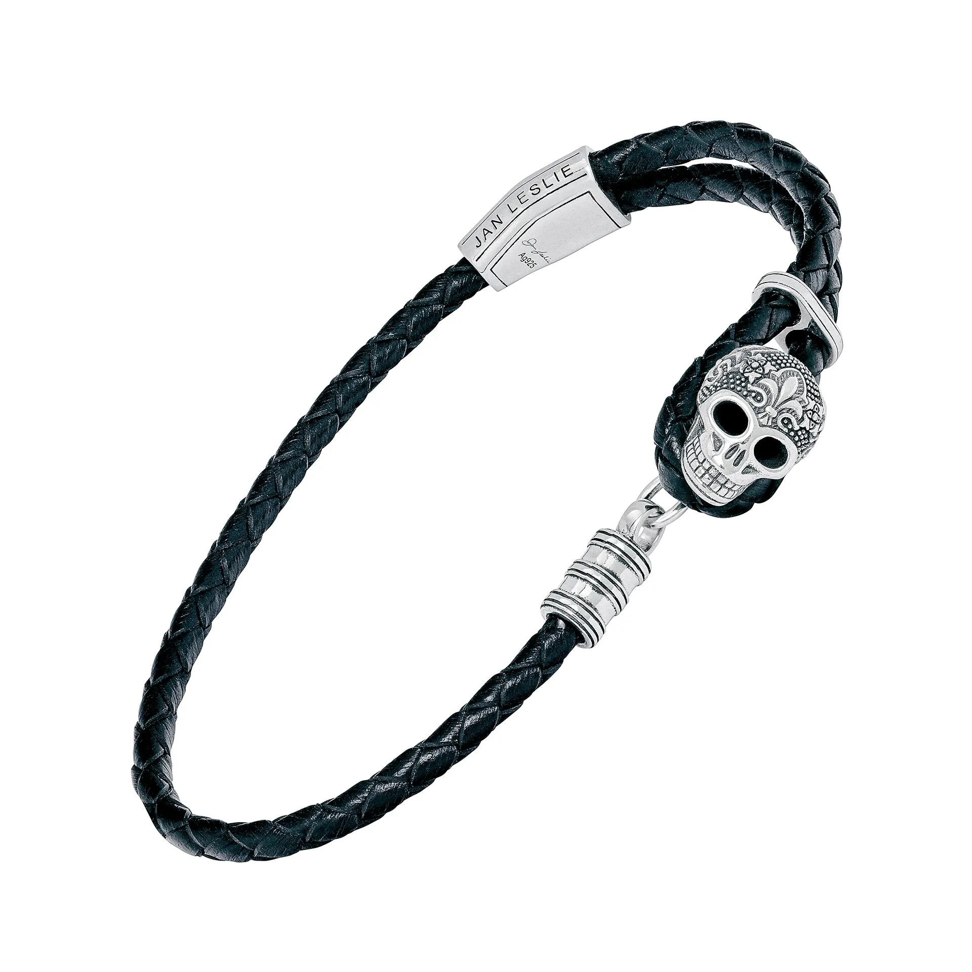 Braided Leather Sterling Skull Bracelet