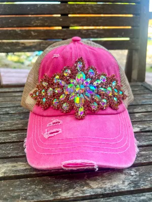 Bree Distressed Jeweled Detail Cap - Pink