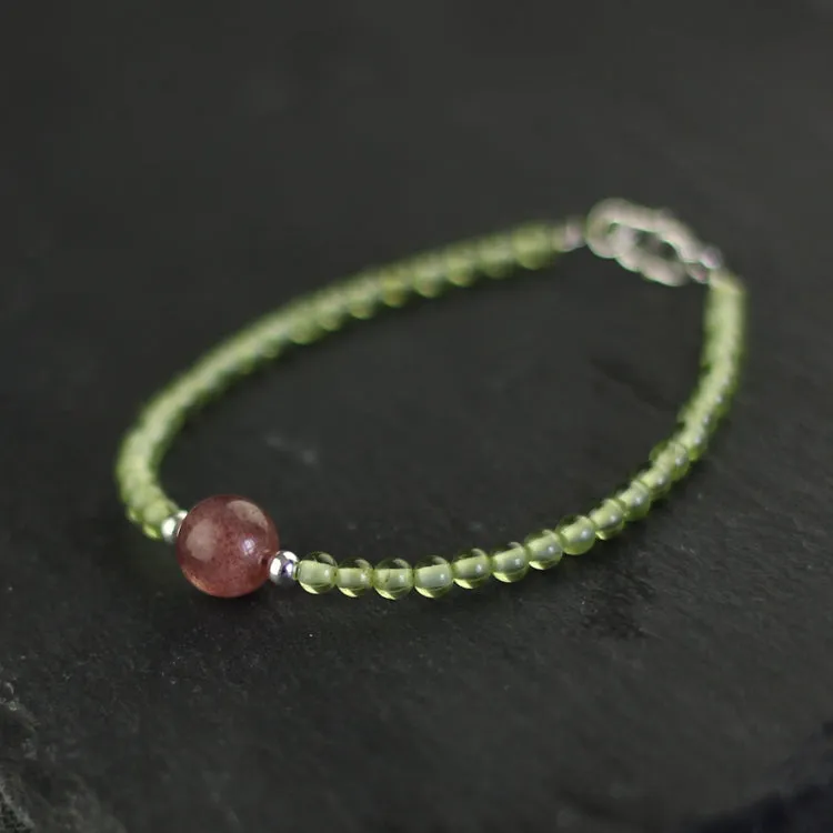 Charm Ladies Peridot and Strawberry Quartz Beaded Sterling Silver Bracelets for Women