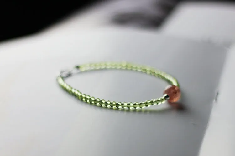 Charm Ladies Peridot and Strawberry Quartz Beaded Sterling Silver Bracelets for Women