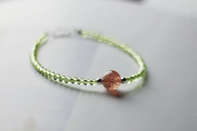 Charm Ladies Peridot and Strawberry Quartz Beaded Sterling Silver Bracelets for Women