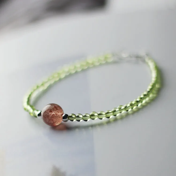 Charm Ladies Peridot and Strawberry Quartz Beaded Sterling Silver Bracelets for Women