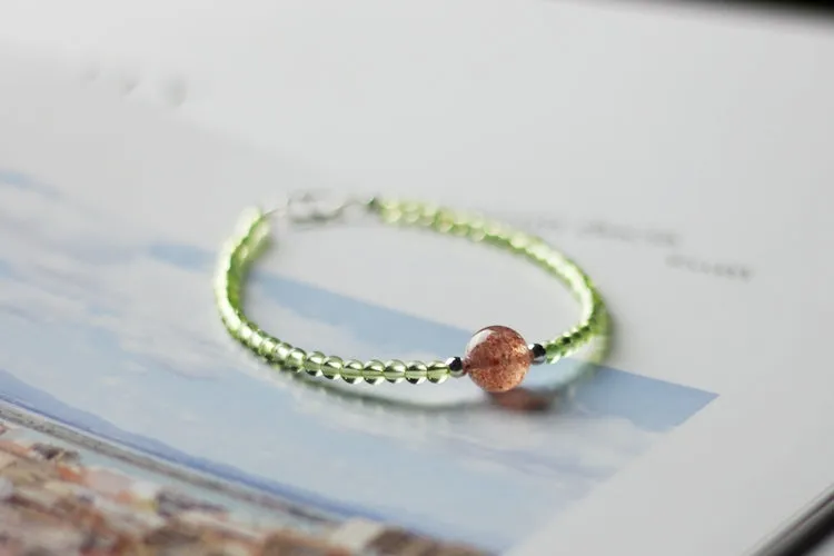 Charm Ladies Peridot and Strawberry Quartz Beaded Sterling Silver Bracelets for Women