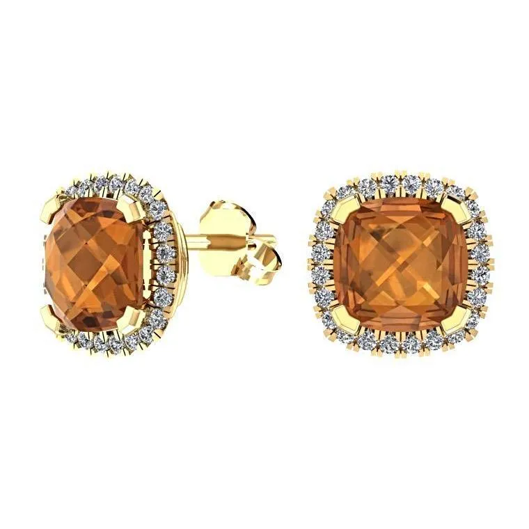 Citrine Cushion Diamond Halo Stud Earrings 18K Yellow Gold