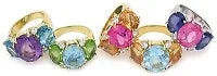 Citrine pink topaz gold Three Stone Ring with Rope Twist Border