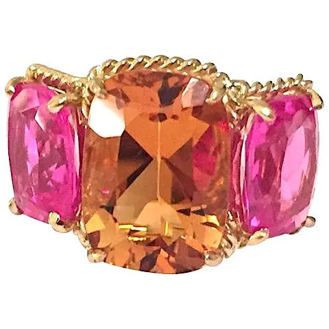 Citrine pink topaz gold Three Stone Ring with Rope Twist Border