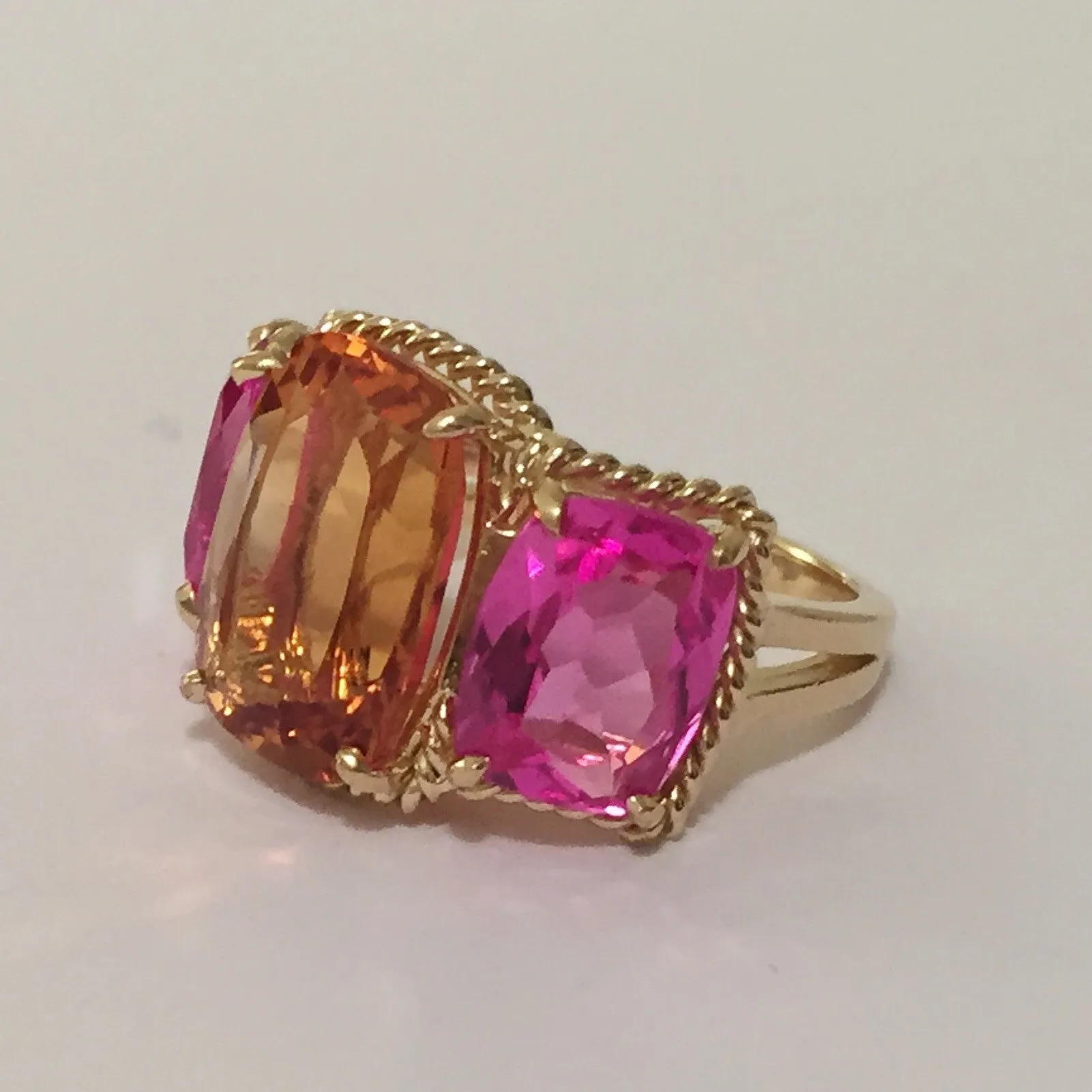 Citrine pink topaz gold Three Stone Ring with Rope Twist Border