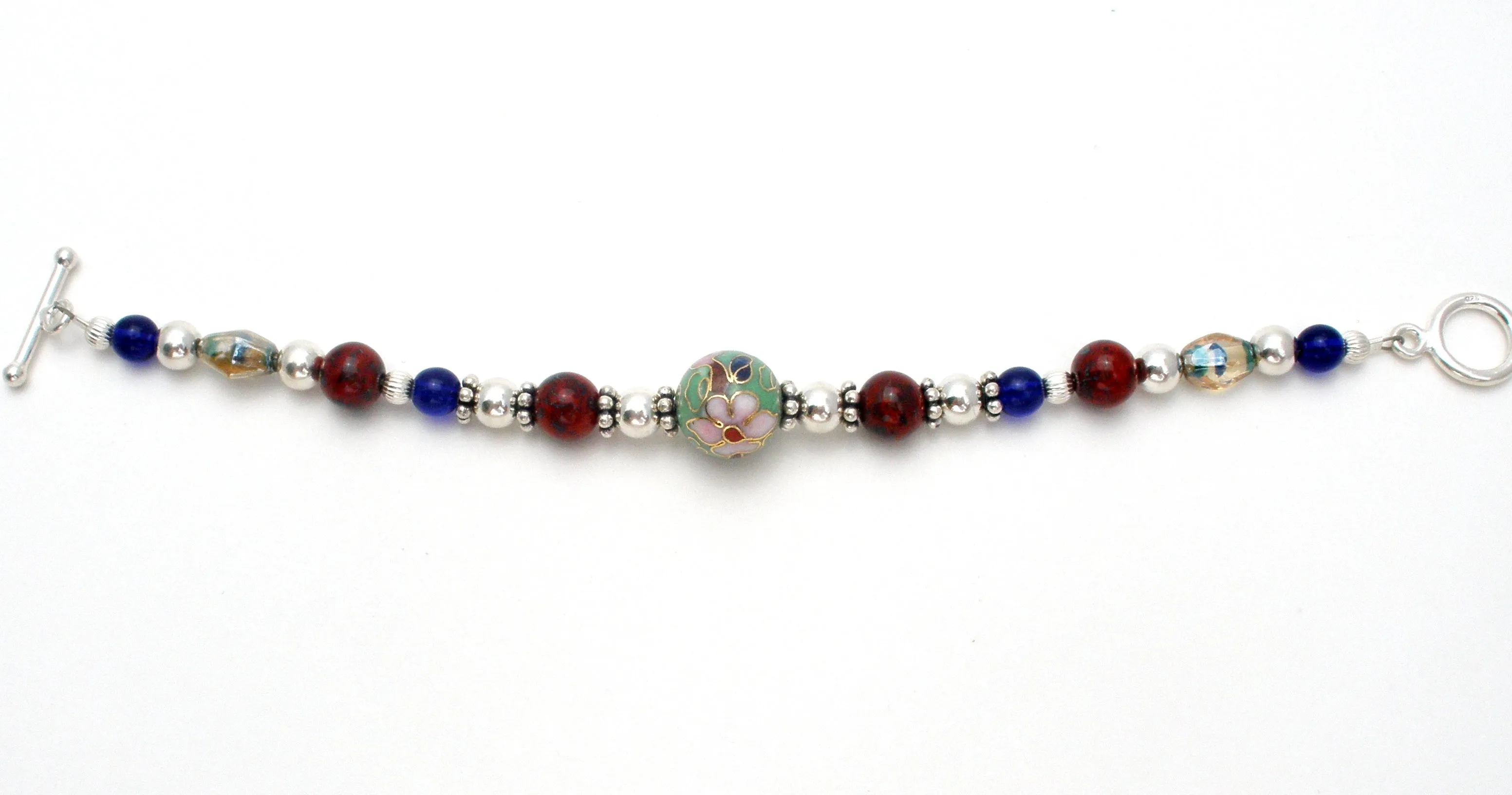 Cloisonne Sterling Silver Bead Bracelet 7"