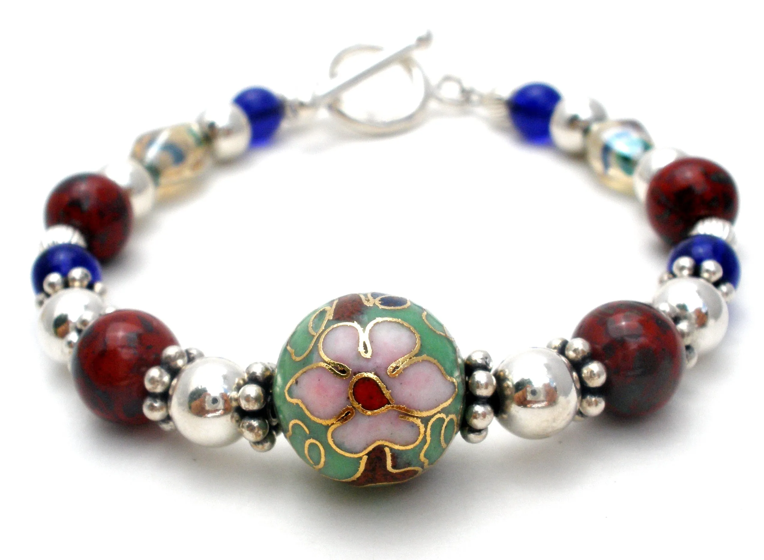 Cloisonne Sterling Silver Bead Bracelet 7"