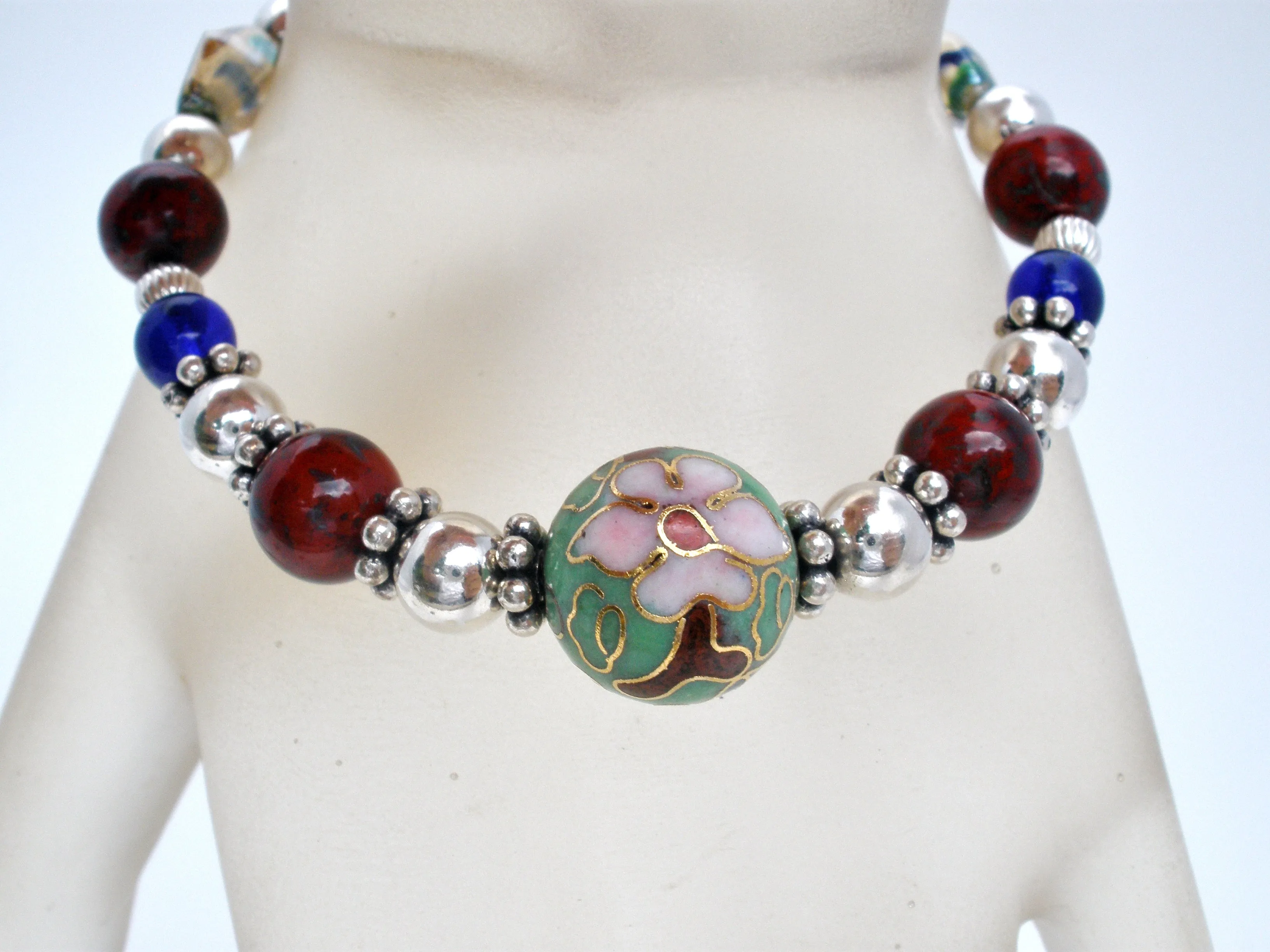 Cloisonne Sterling Silver Bead Bracelet 7"