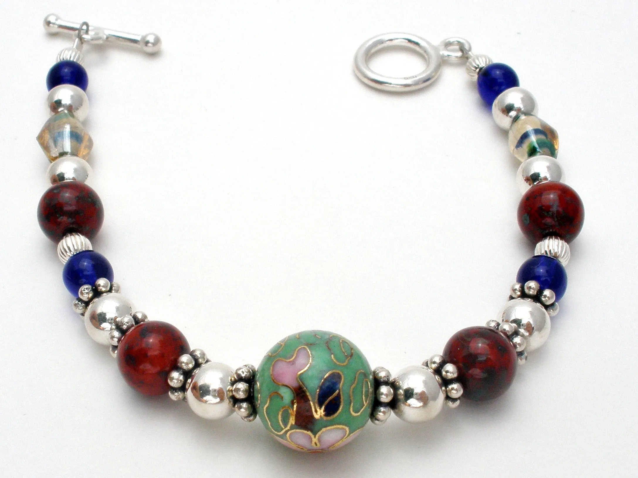 Cloisonne Sterling Silver Bead Bracelet 7"