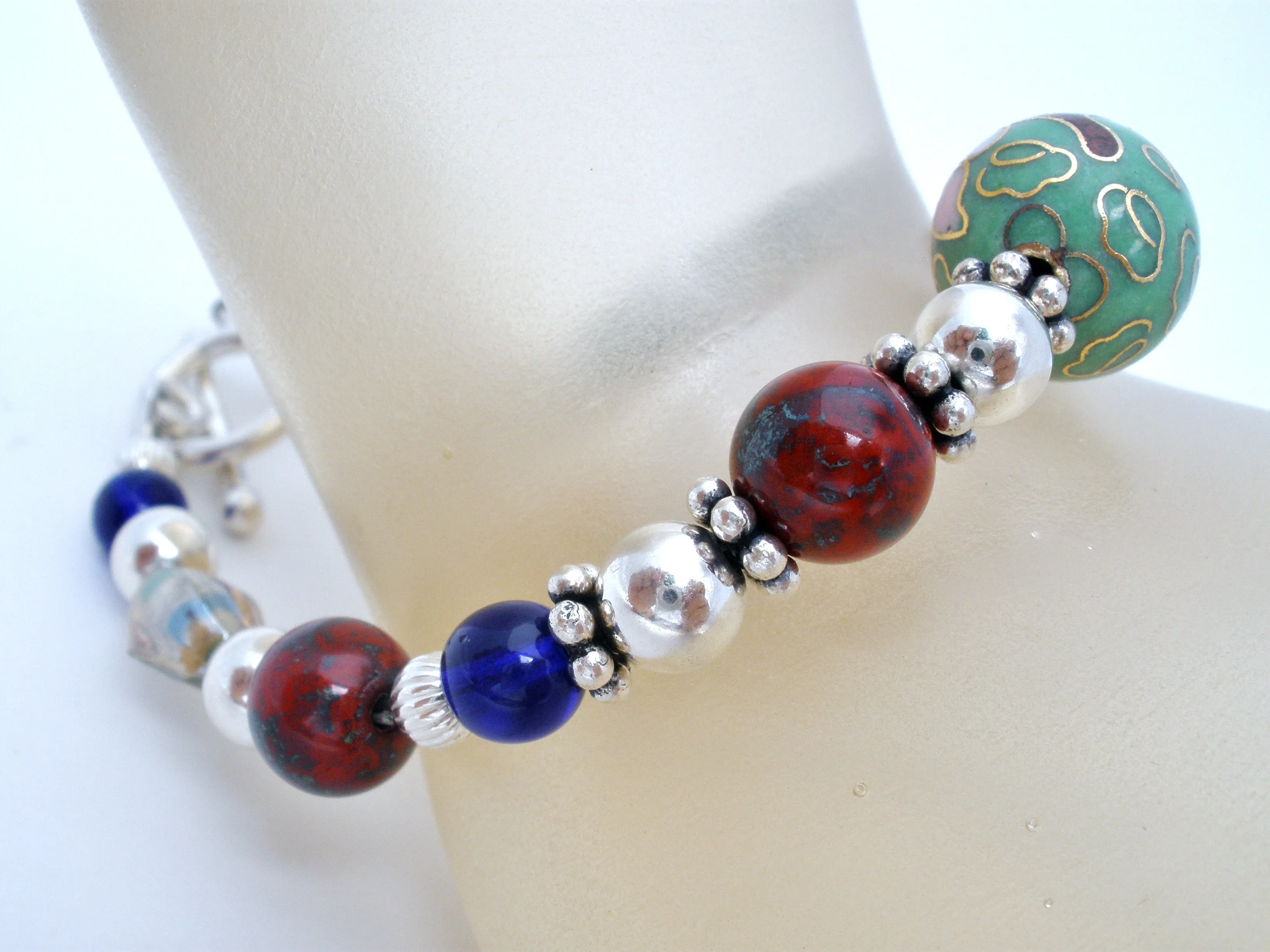 Cloisonne Sterling Silver Bead Bracelet 7"