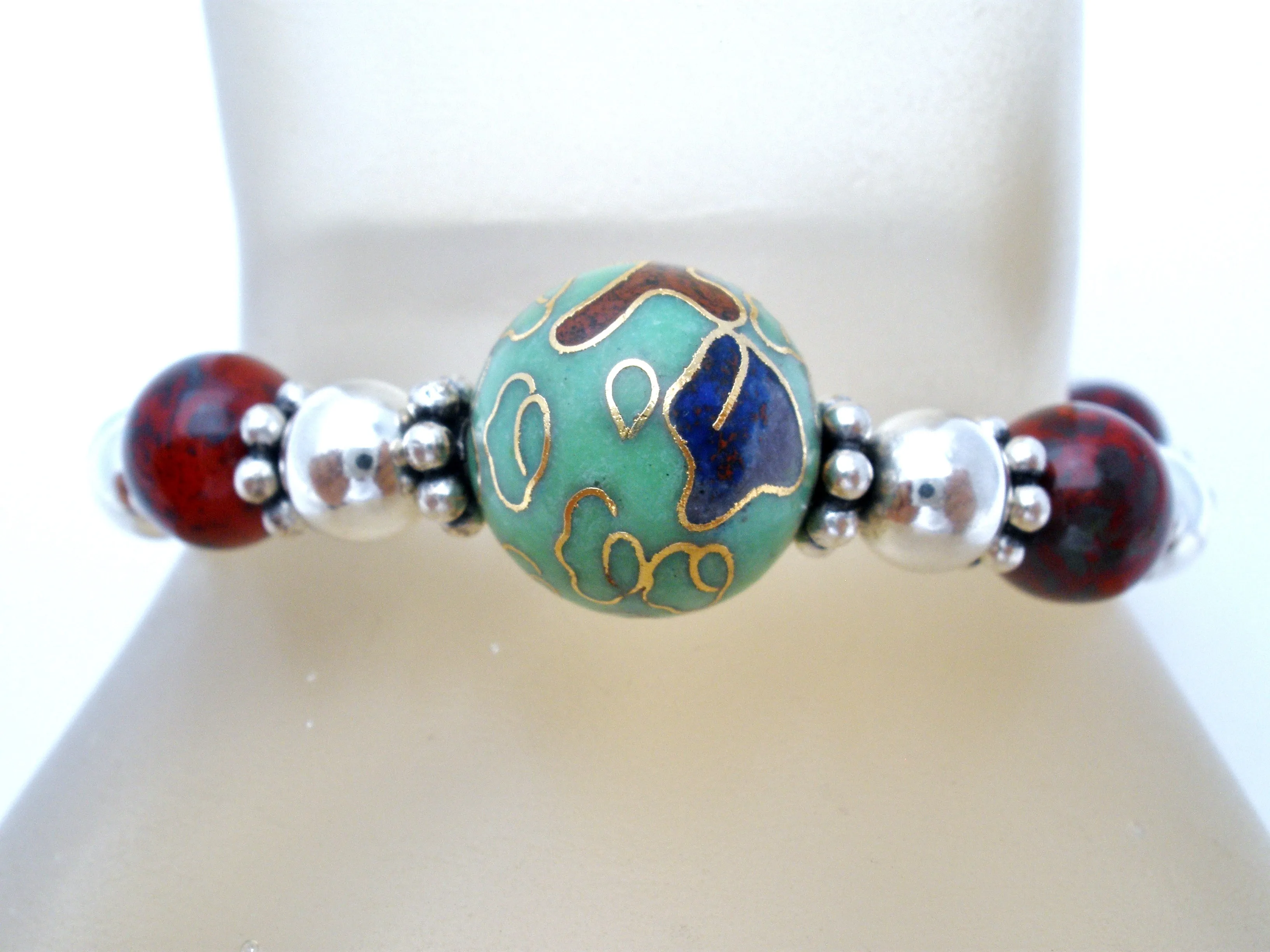 Cloisonne Sterling Silver Bead Bracelet 7"