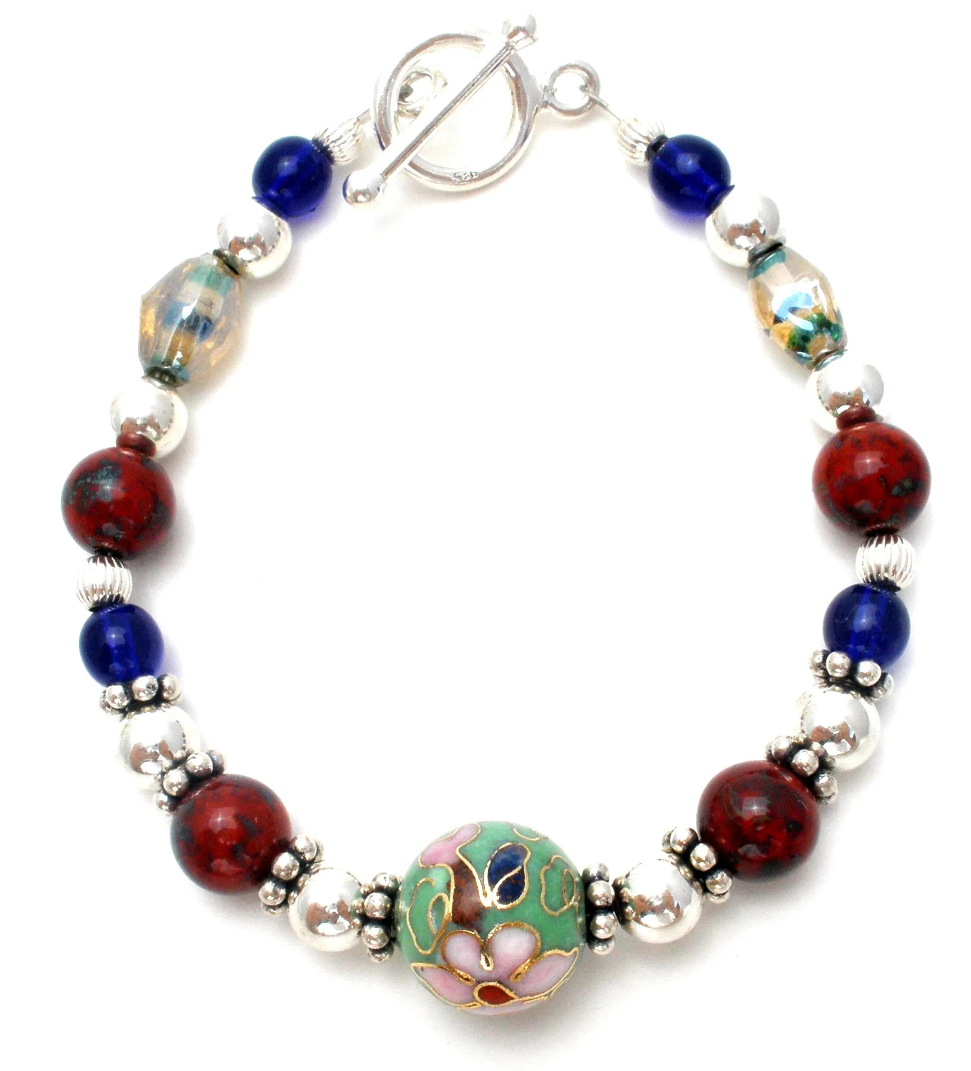 Cloisonne Sterling Silver Bead Bracelet 7"