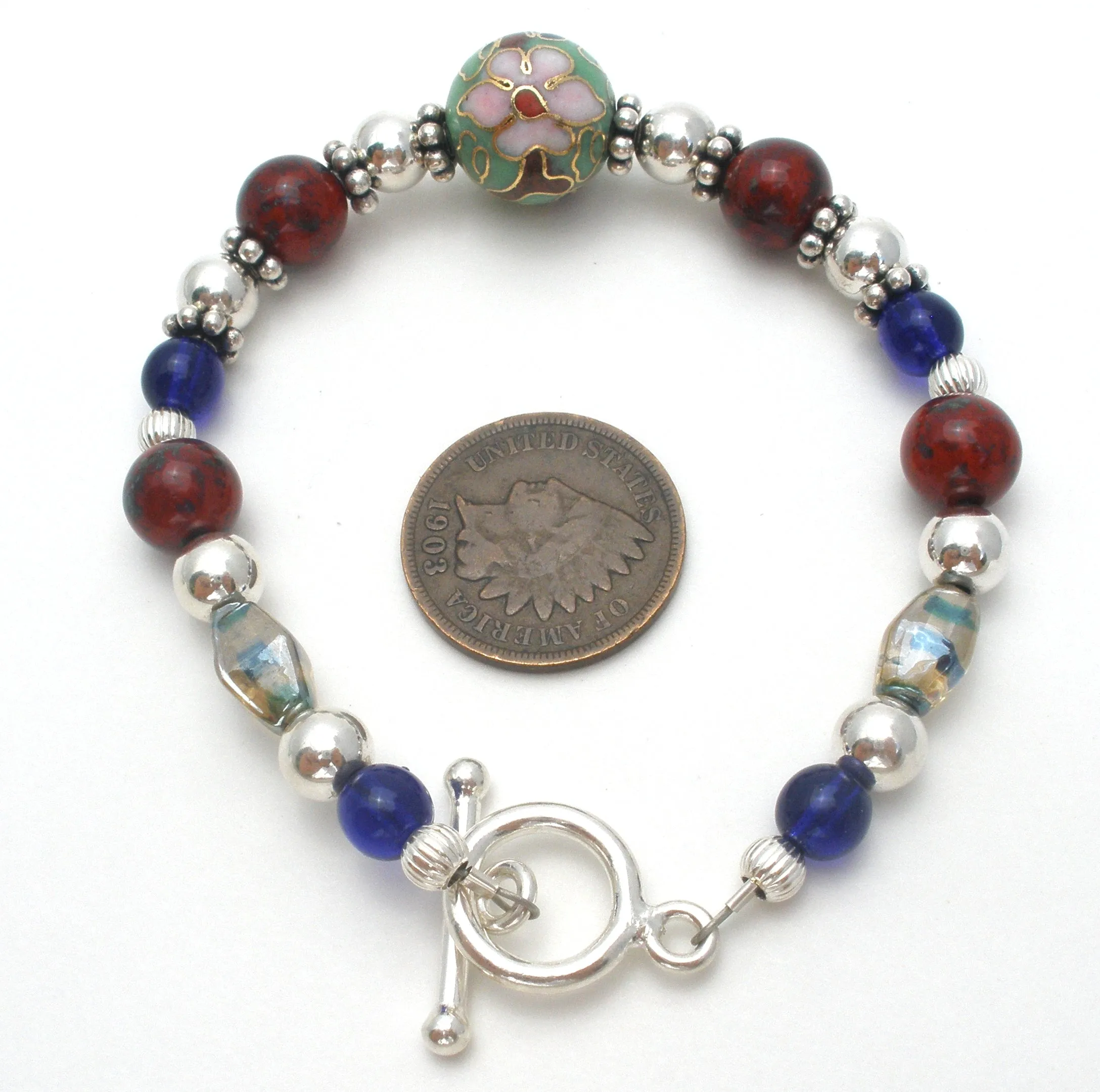 Cloisonne Sterling Silver Bead Bracelet 7"