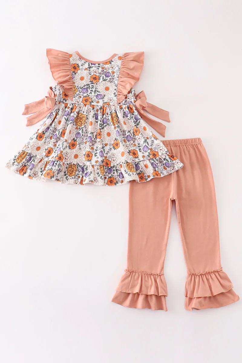 Coral floral print ruffle girl set