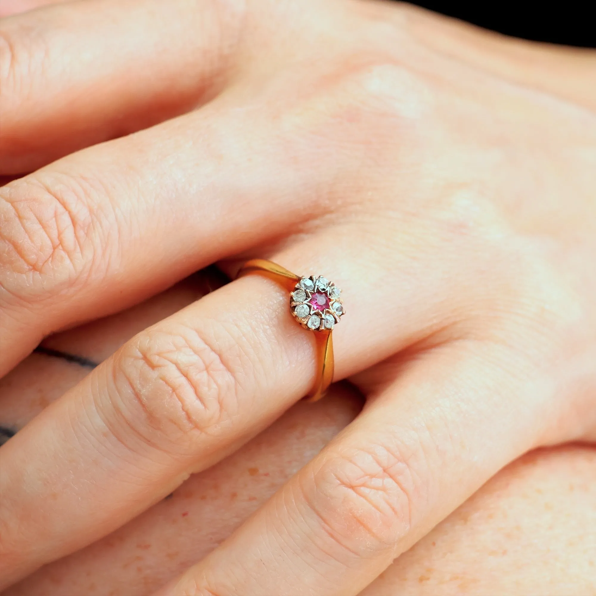 Dainty Little Vintage Ruby & Diamond Flowerette Ring