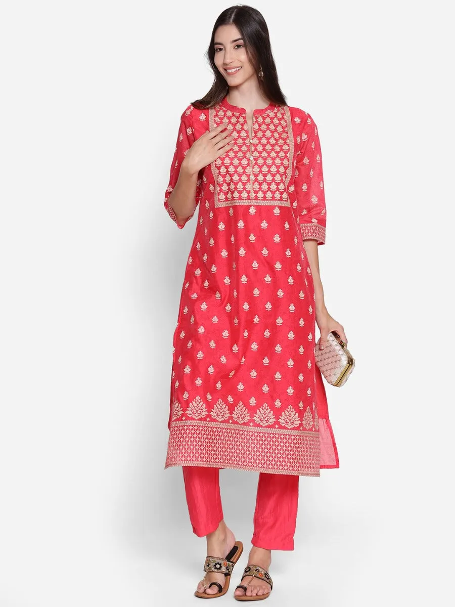 Dark Coral Floral Printed Kurta With Trouser