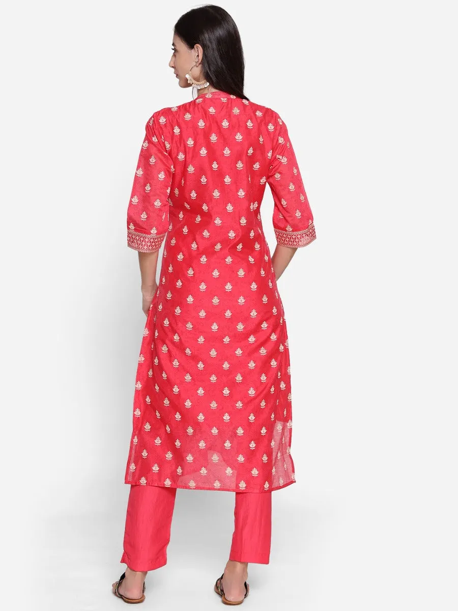 Dark Coral Floral Printed Kurta With Trouser