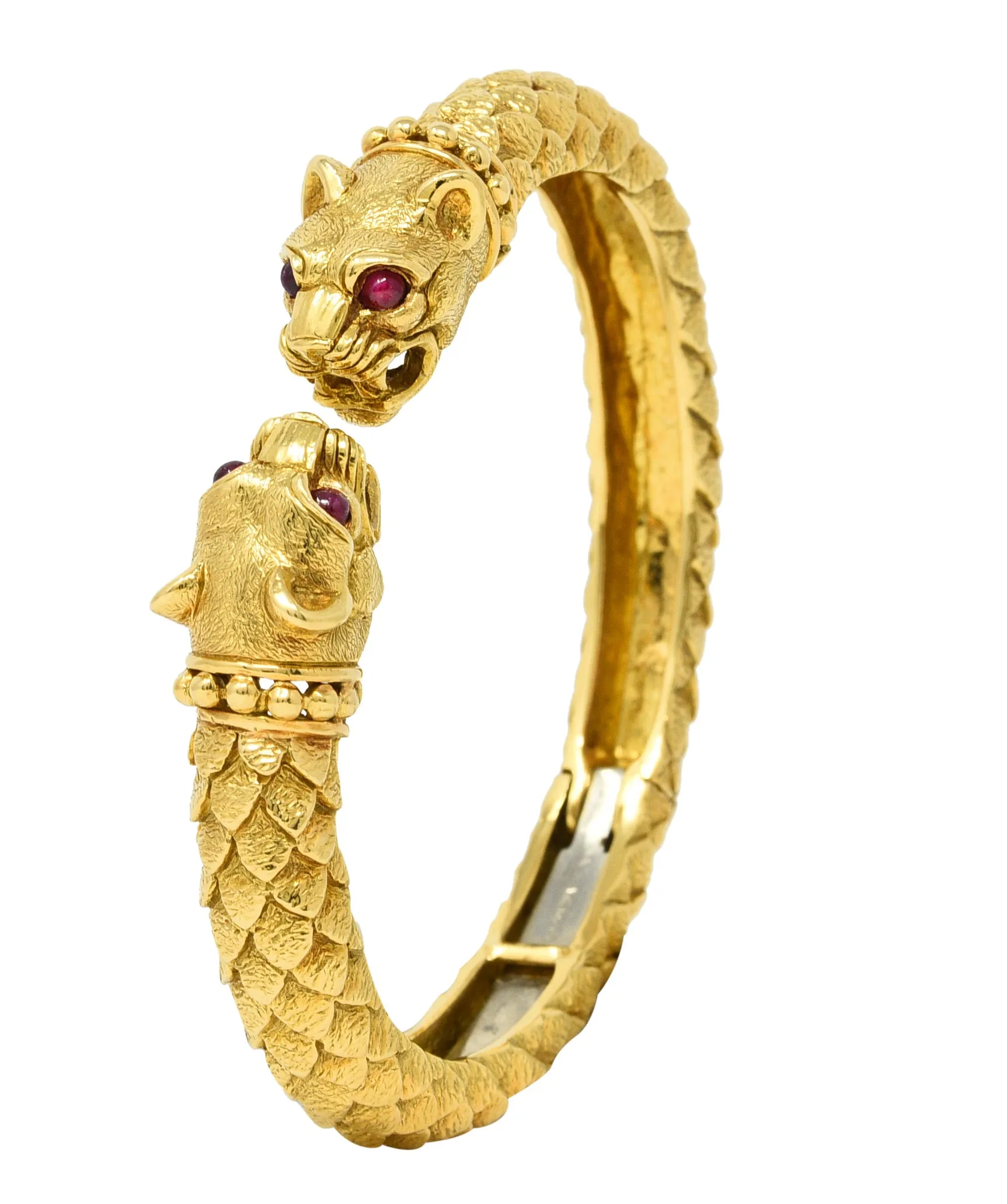 David Webb Ruby 18 Karat Yellow Gold Panther Head Kingdom Cuff Bracelet