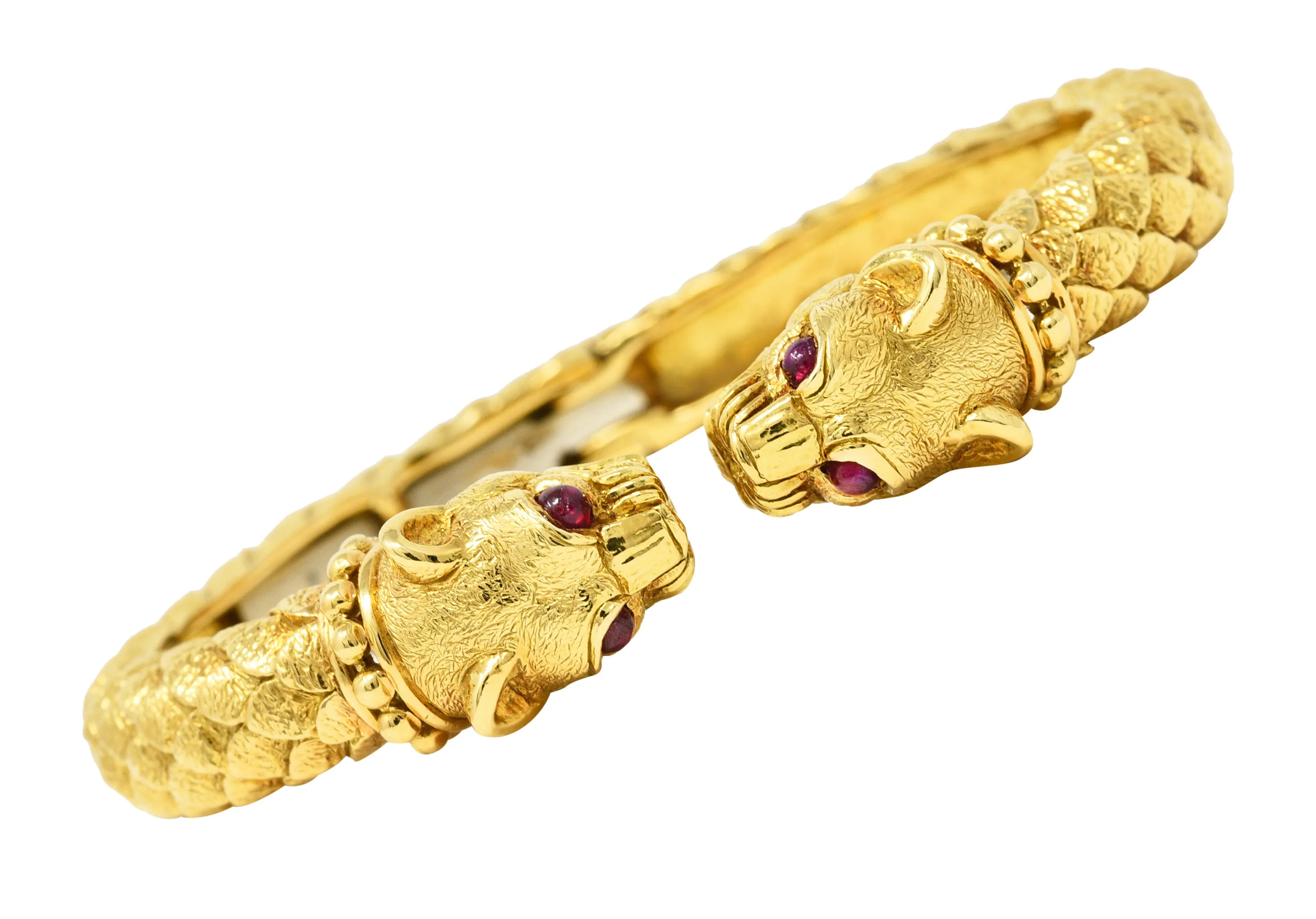 David Webb Ruby 18 Karat Yellow Gold Panther Head Kingdom Cuff Bracelet