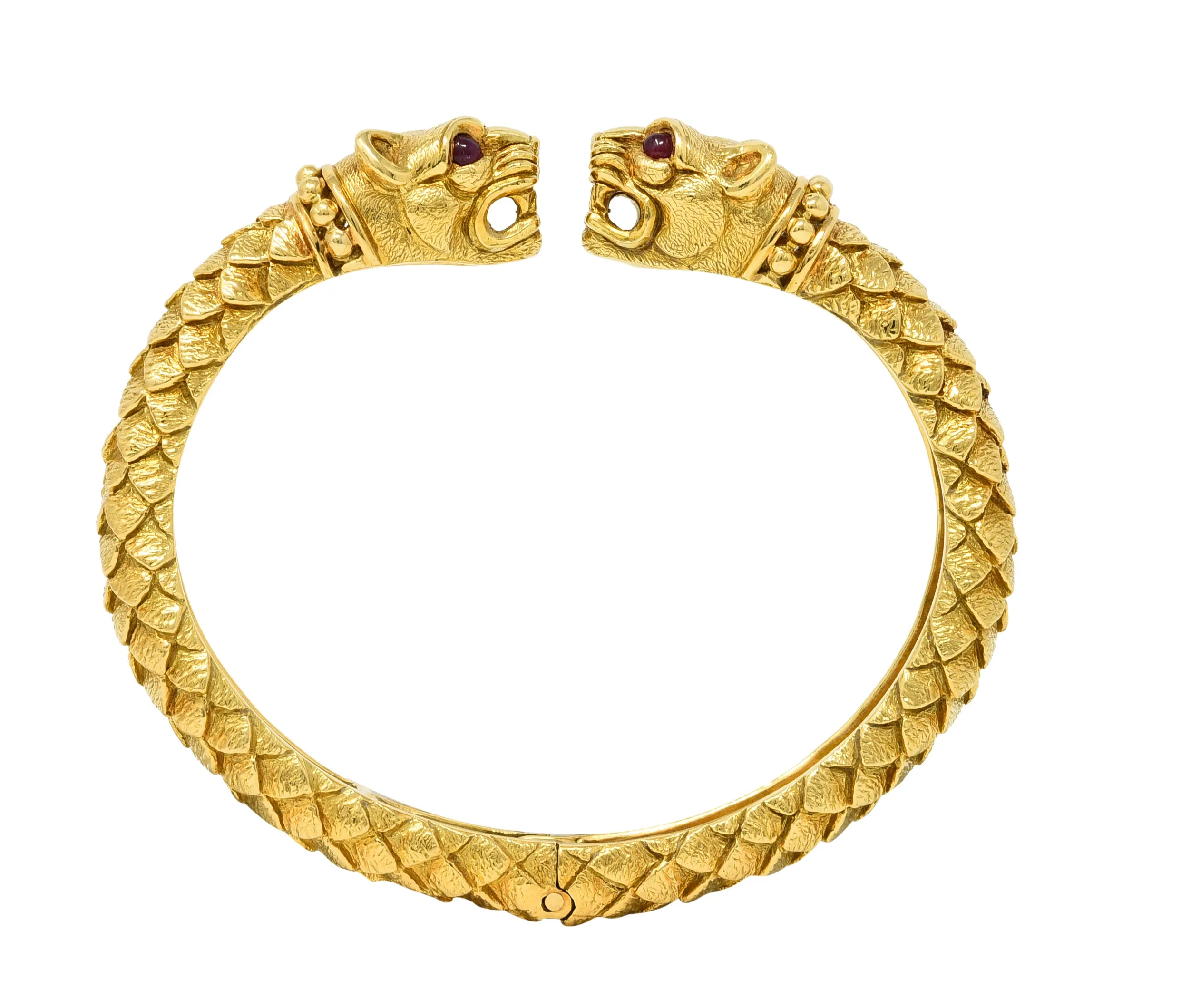 David Webb Ruby 18 Karat Yellow Gold Panther Head Kingdom Cuff Bracelet