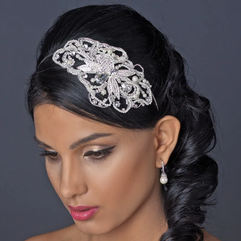 Diamond White Pearl & Crystal Side Accent Bridal Headpiece