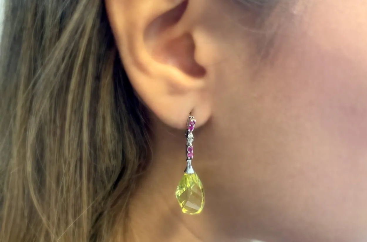 Earrings 18kt Gold Lemon Citrine Briolettes with Pink Sapphires & Diamonds