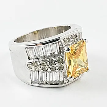 Elegant Center Rectangle Citrine CZ Multi Row Baguette Silver Ring