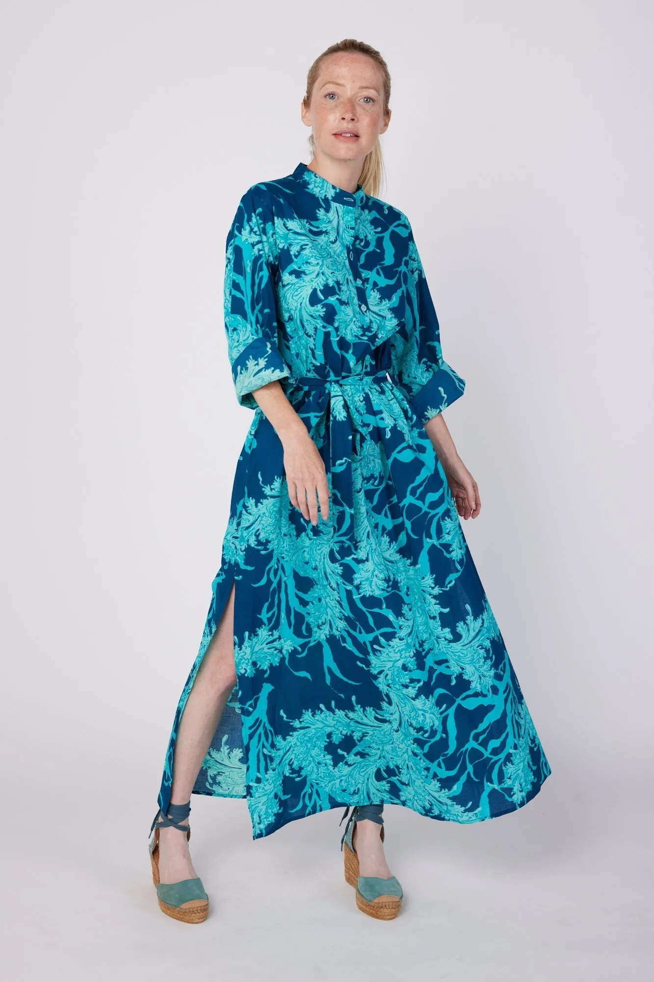 Elina 3/4 Sleeve Maxi Caftan Dress with Detachable Belt in Navy Aqua Coral