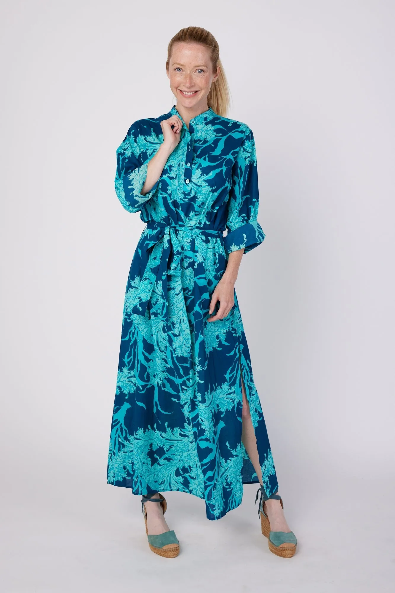 Elina 3/4 Sleeve Maxi Caftan Dress with Detachable Belt in Navy Aqua Coral