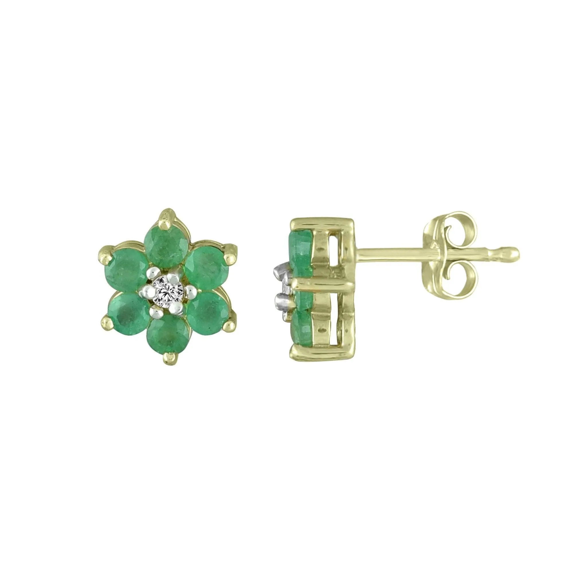 Emerald and Diamond Accent Flower Earrings in 10K Yelllow Gold