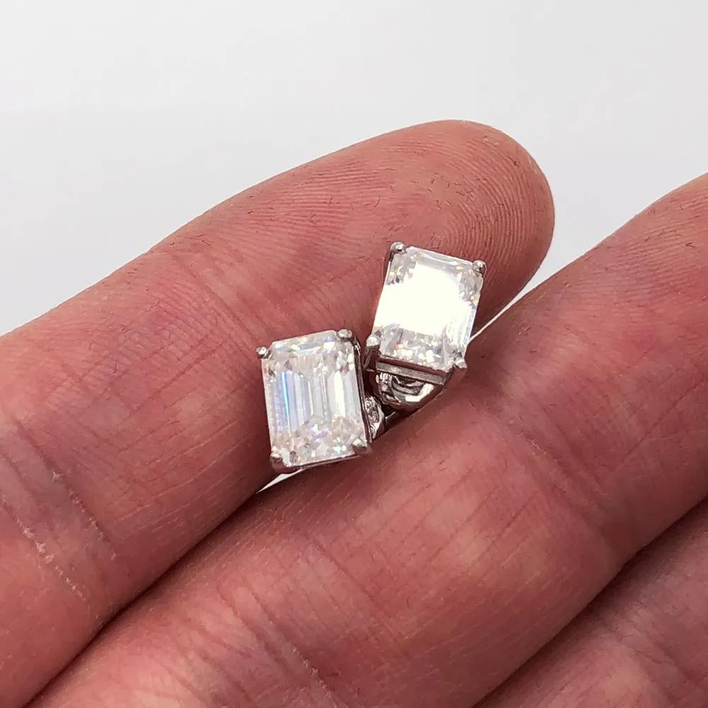 Emerald Cut Moissanite VVS D Stud Earrings .925 Sterling Silver