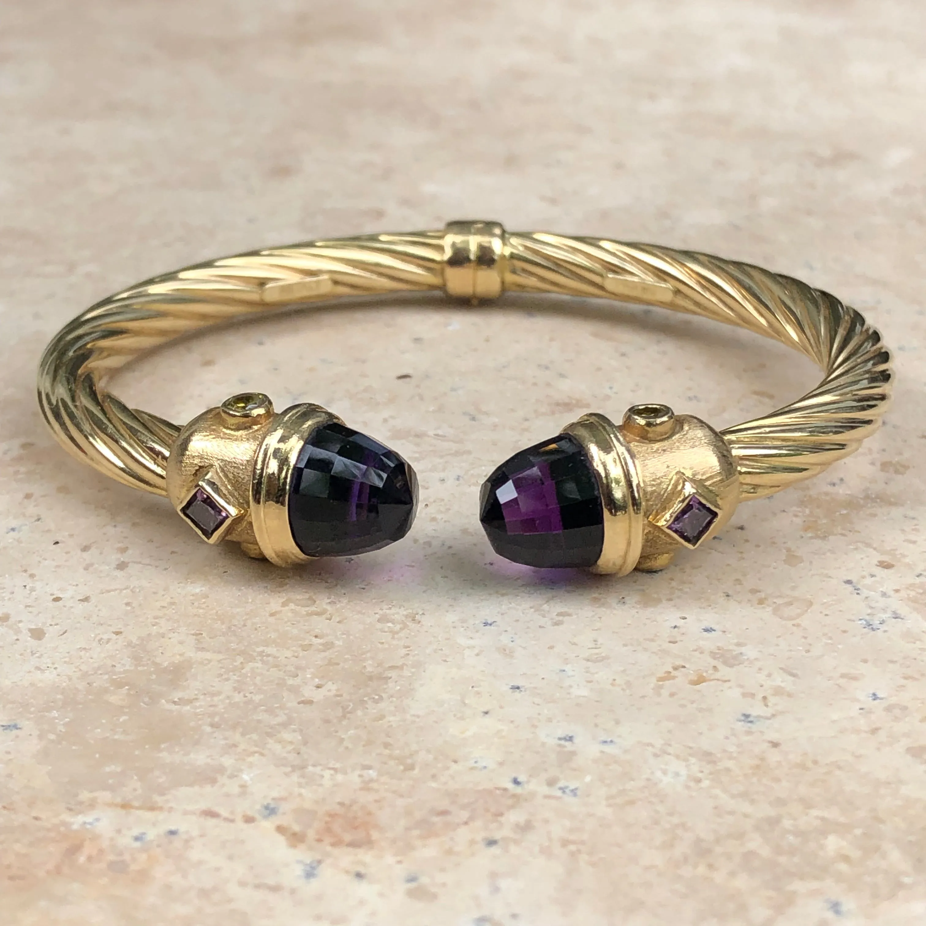 Estate 14KT Yellow Gold Amethyst   Peridot Bangle Cuff Bracelet