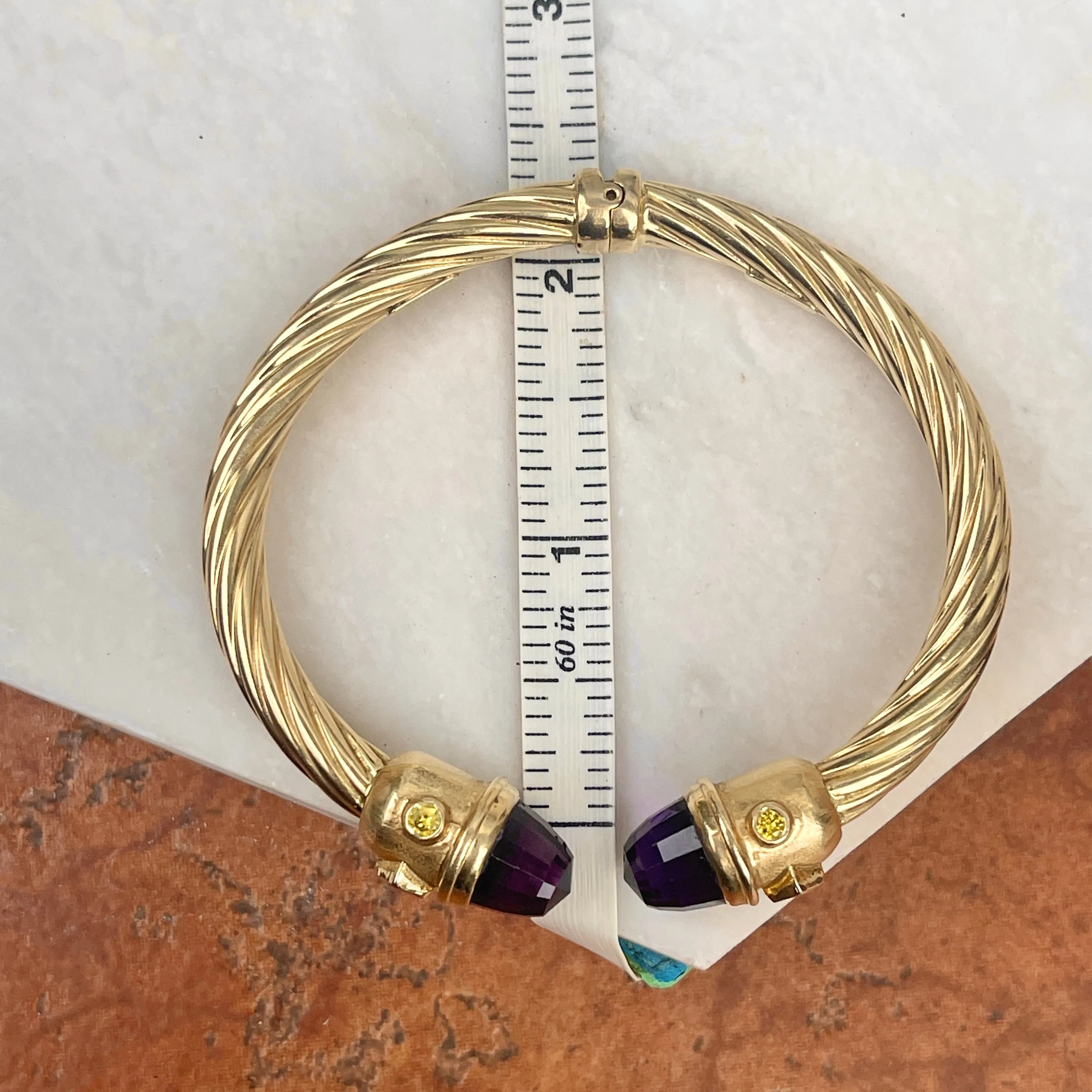 Estate 14KT Yellow Gold Amethyst   Peridot Bangle Cuff Bracelet