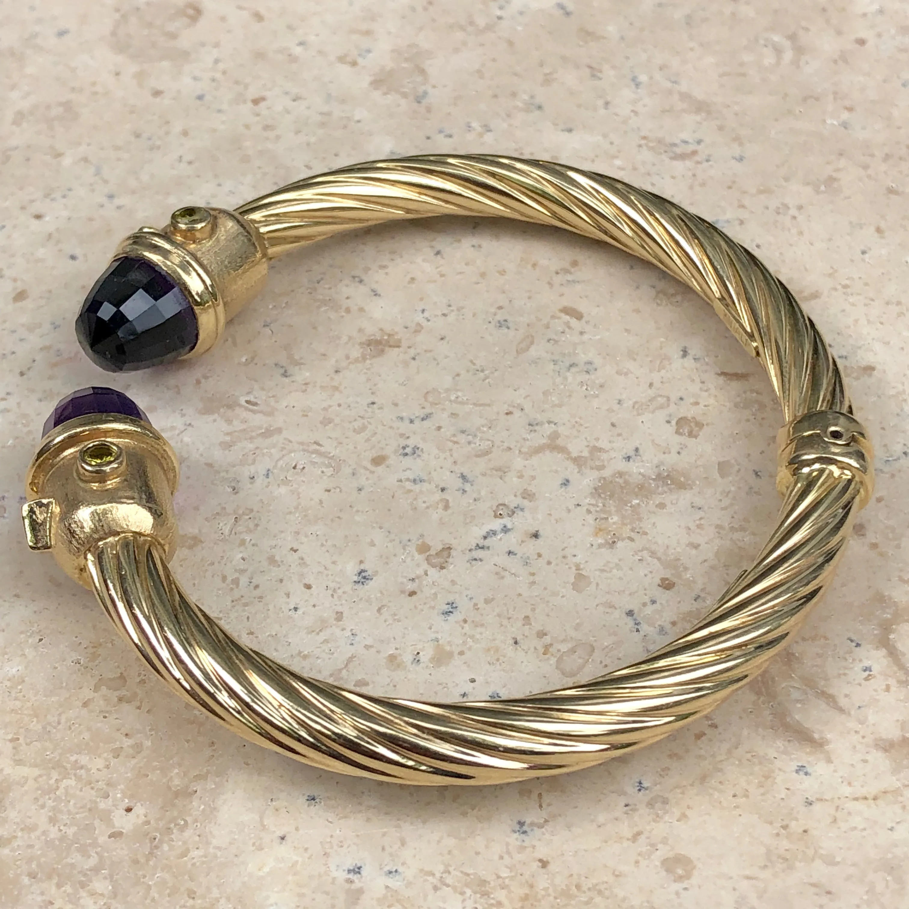 Estate 14KT Yellow Gold Amethyst   Peridot Bangle Cuff Bracelet