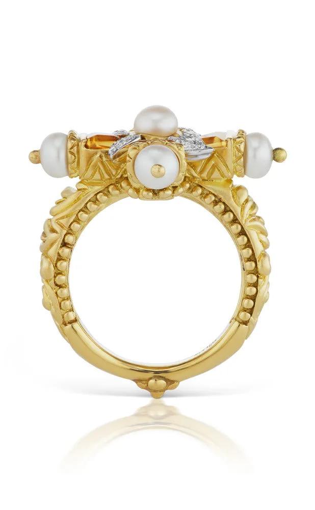 Ethereal Cross Ring – Citrine, Diamonds & White Freshwater Pearl