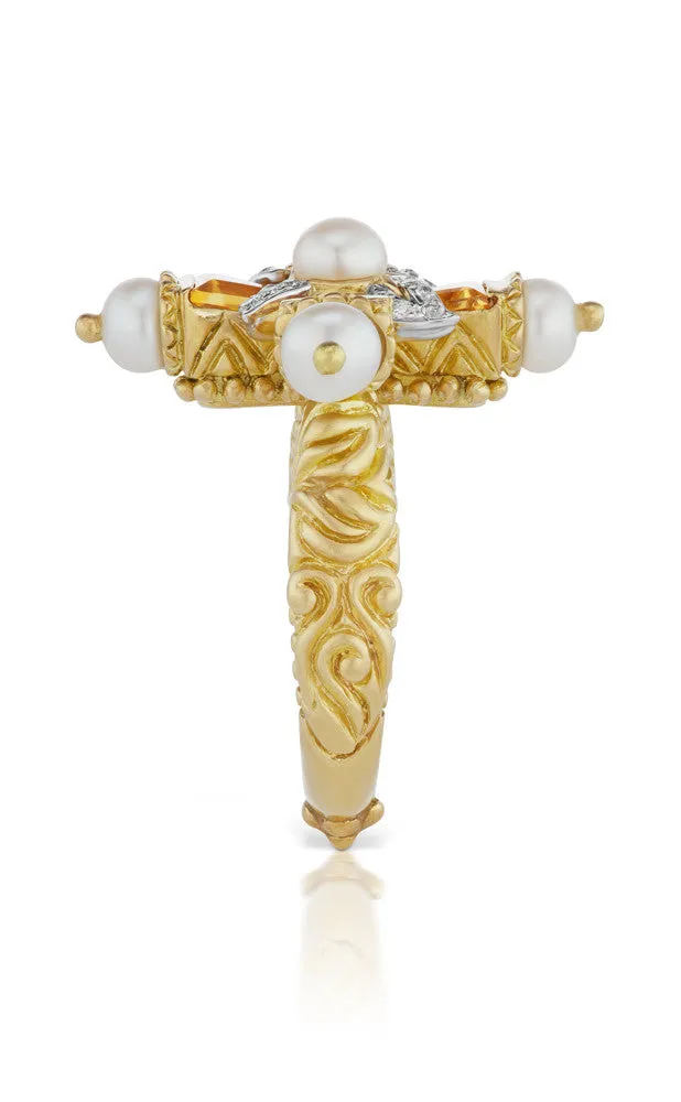 Ethereal Cross Ring – Citrine, Diamonds & White Freshwater Pearl