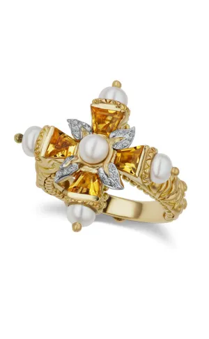 Ethereal Cross Ring – Citrine, Diamonds & White Freshwater Pearl