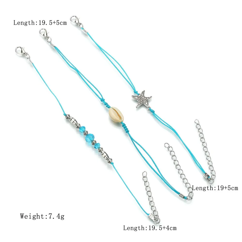 European And American Bohemian Starfish Shell Blue Bead Anklet Set